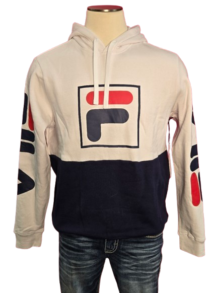 FILA Men’s Graphic Logo Hoodie – White/Navy Colorblock Pullover with Sleeve Print