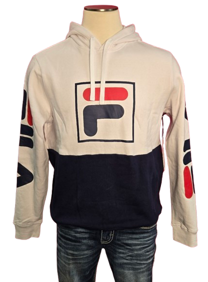 FILA Men’s Graphic Logo Hoodie – White/Navy Colorblock Pullover with Sleeve Print