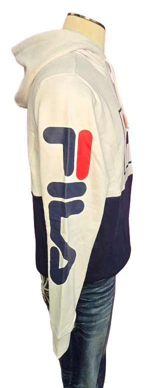 FILA Men’s Graphic Logo Hoodie – White/Navy Colorblock Pullover with Sleeve Print