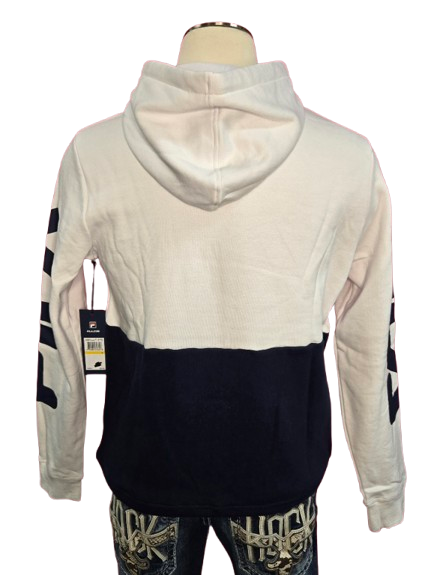 FILA Men’s Graphic Logo Hoodie – White/Navy Colorblock Pullover with Sleeve Print