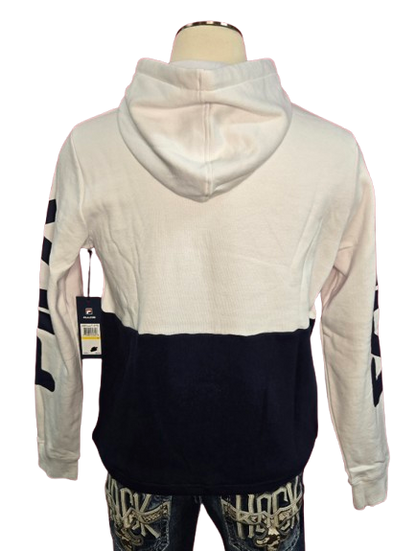 FILA Men’s Graphic Logo Hoodie – White/Navy Colorblock Pullover with Sleeve Print