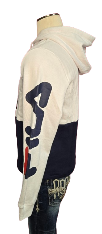 FILA Men’s Graphic Logo Hoodie – White/Navy Colorblock Pullover with Sleeve Print