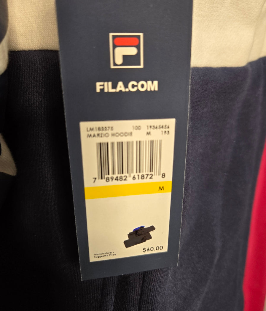 FILA Men’s Graphic Logo Hoodie – White/Navy Colorblock Pullover with Sleeve Print