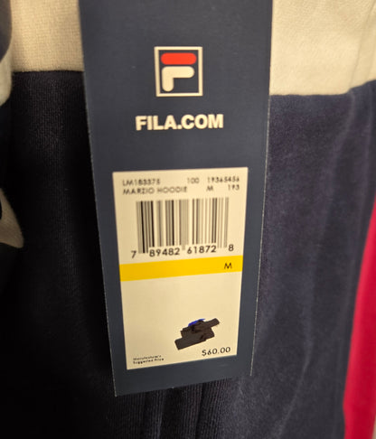 FILA Men’s Graphic Logo Hoodie – White/Navy Colorblock Pullover with Sleeve Print