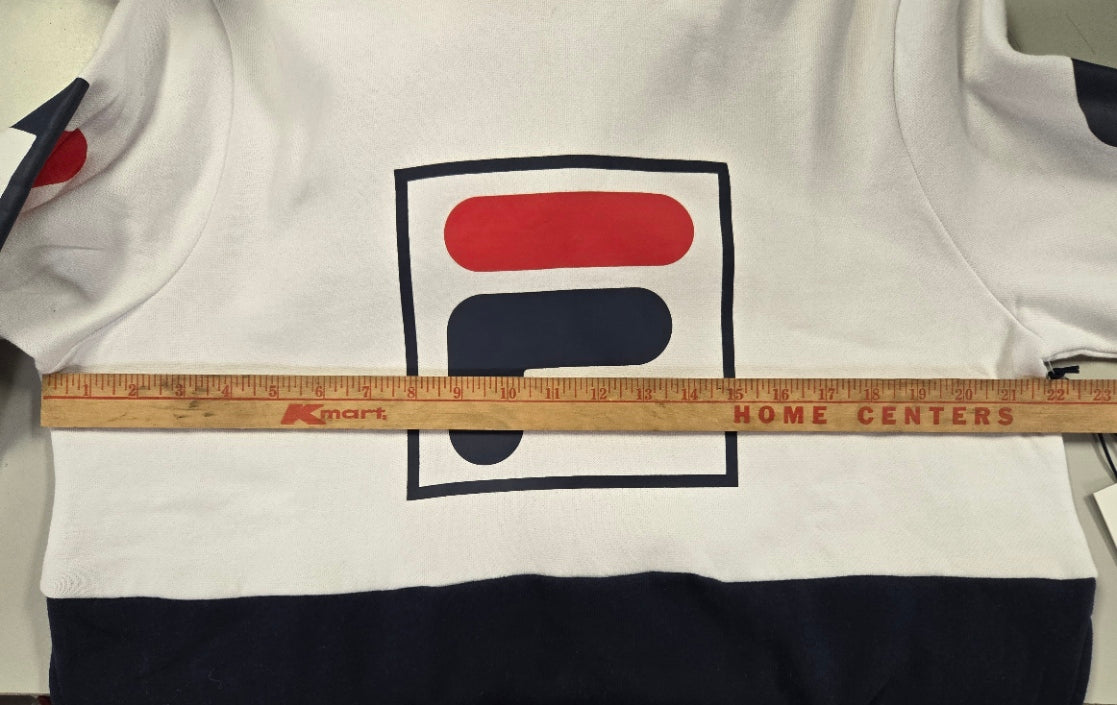 FILA Men’s Graphic Logo Hoodie – White/Navy Colorblock Pullover with Sleeve Print