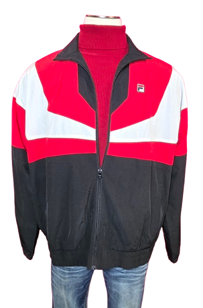 FILA Colorblock Zip-Up Jacket – Red, White & Black Streetwear Windbreaker