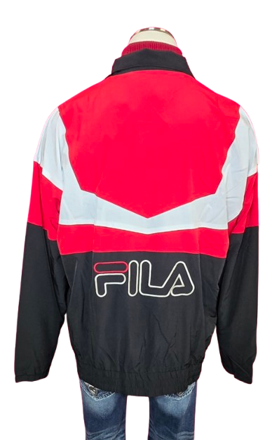 FILA Colorblock Zip-Up Jacket – Red, White & Black Streetwear Windbreaker