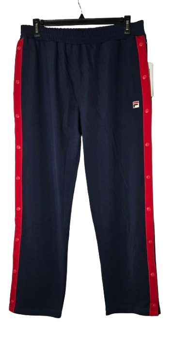 FILA Vintage Snap Track Pants – Navy & Red Striped Retro Athletic Style
