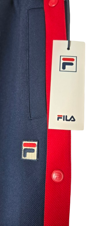 FILA Vintage Snap Track Pants – Navy & Red Striped Retro Athletic Style