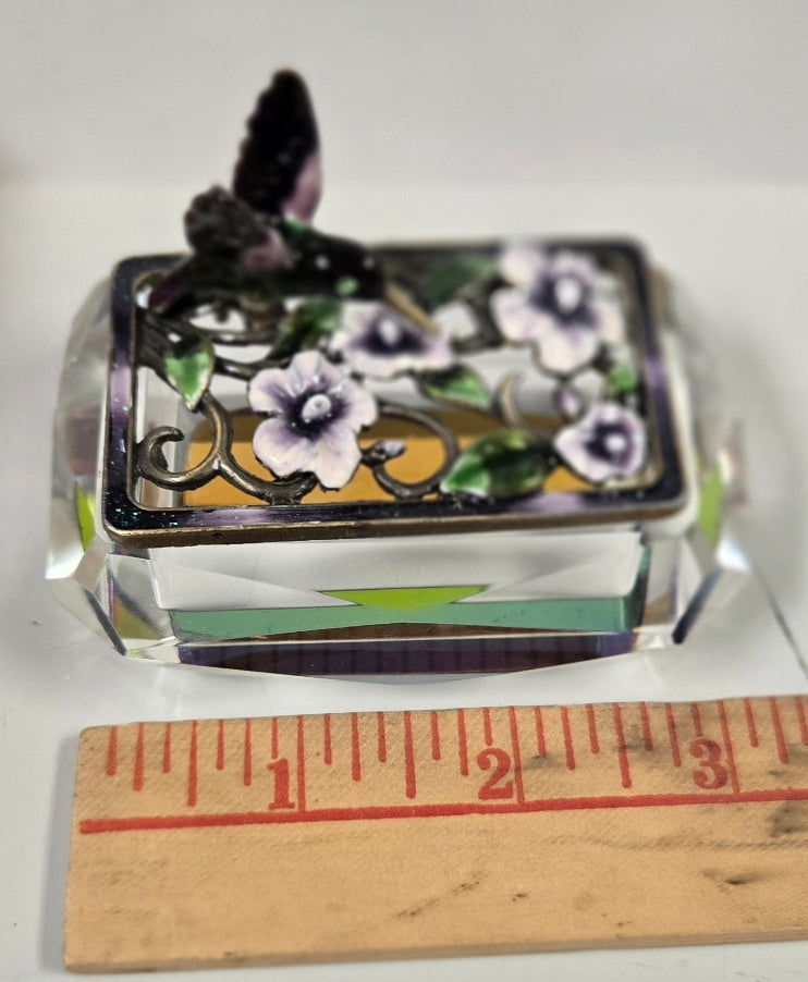 Hummingbird Jeweled Trinket Box with an Iridescent Glass Crystal Base