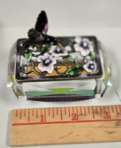 Hummingbird Jeweled Trinket Box with an Iridescent Glass Crystal Base