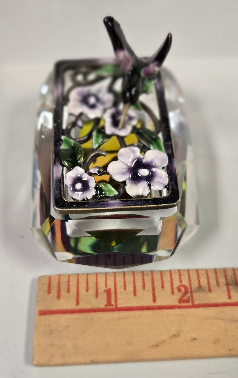 Hummingbird Jeweled Trinket Box with an Iridescent Glass Crystal Base
