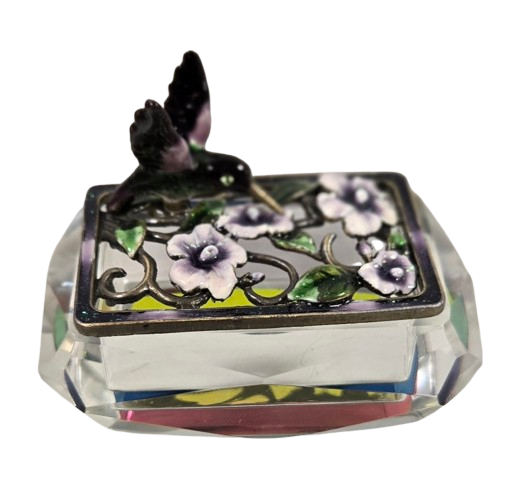 Hummingbird Jeweled Trinket Box with an Iridescent Glass Crystal Base