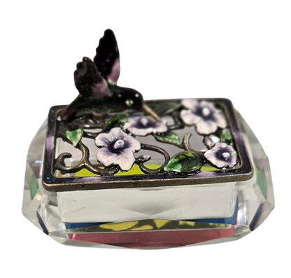 Hummingbird Jeweled Trinket Box with an Iridescent Glass Crystal Base