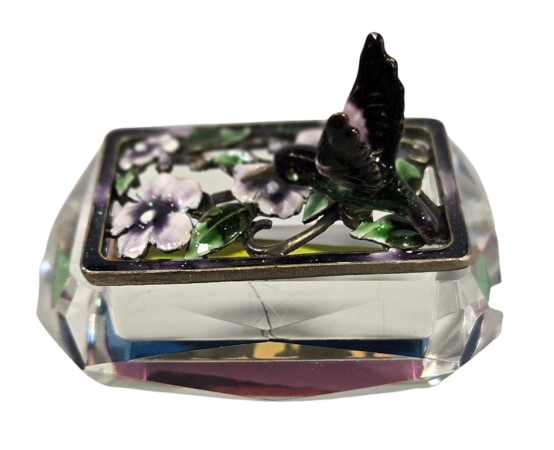 Hummingbird Jeweled Trinket Box with an Iridescent Glass Crystal Base
