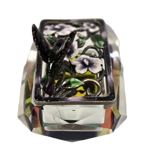 Hummingbird Jeweled Trinket Box with an Iridescent Glass Crystal Base