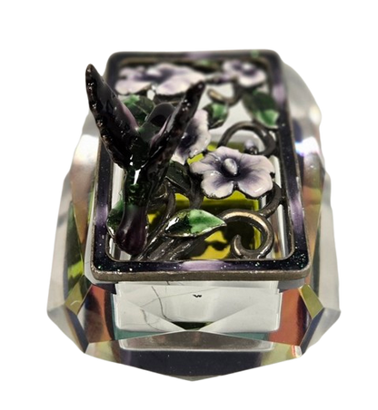 Hummingbird Jeweled Trinket Box with an Iridescent Glass Crystal Base
