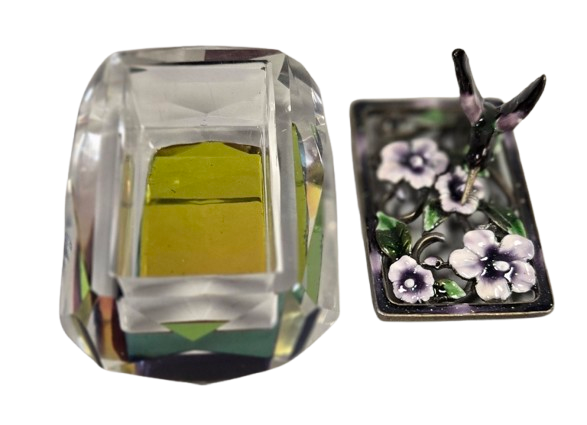 Hummingbird Jeweled Trinket Box with an Iridescent Glass Crystal Base
