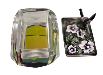 Hummingbird Jeweled Trinket Box with an Iridescent Glass Crystal Base