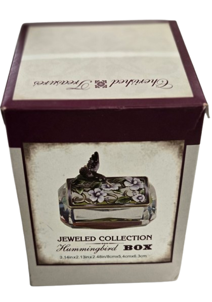 Hummingbird Jeweled Trinket Box with an Iridescent Glass Crystal Base