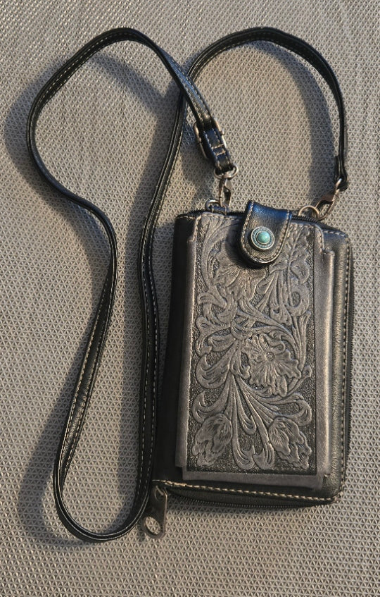 Montana West Western Tooled Phone Case Crossbody Wallet Black