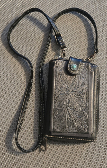 Montana West Western Tooled Phone Case Crossbody Wallet Black