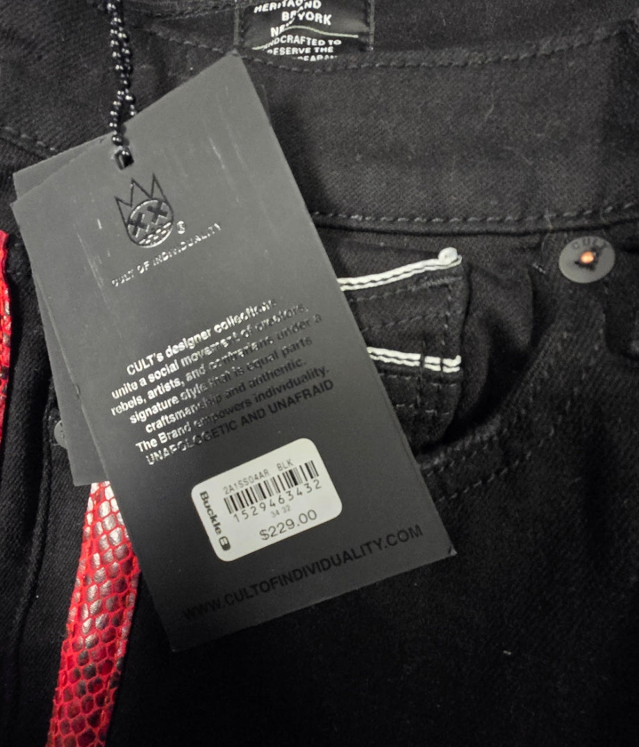 CULT of Individuality Designer Jeans Black Denim Red Snakeskin Distressed NWT