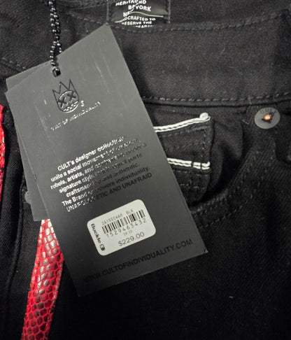 CULT of Individuality Designer Jeans Black Denim Red Snakeskin Distressed NWT