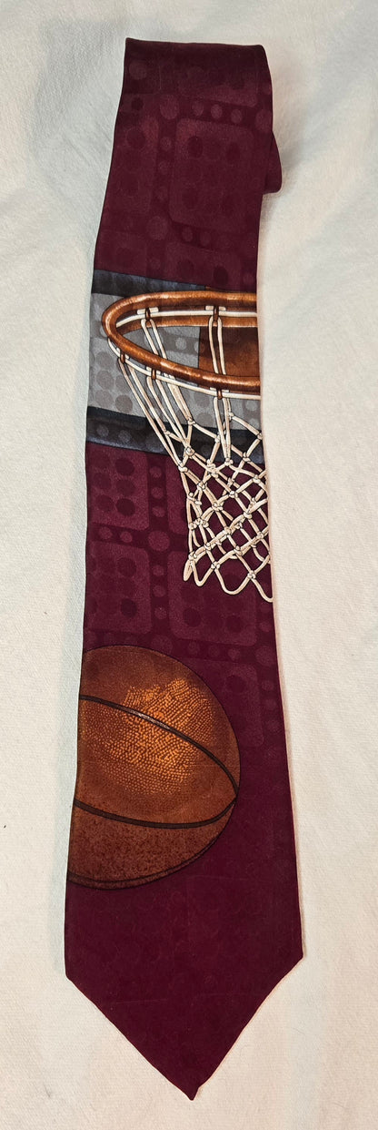 Vintage Evan Picone Sport Basketball Tie 100% Silk Burgundy Novelty 90s
