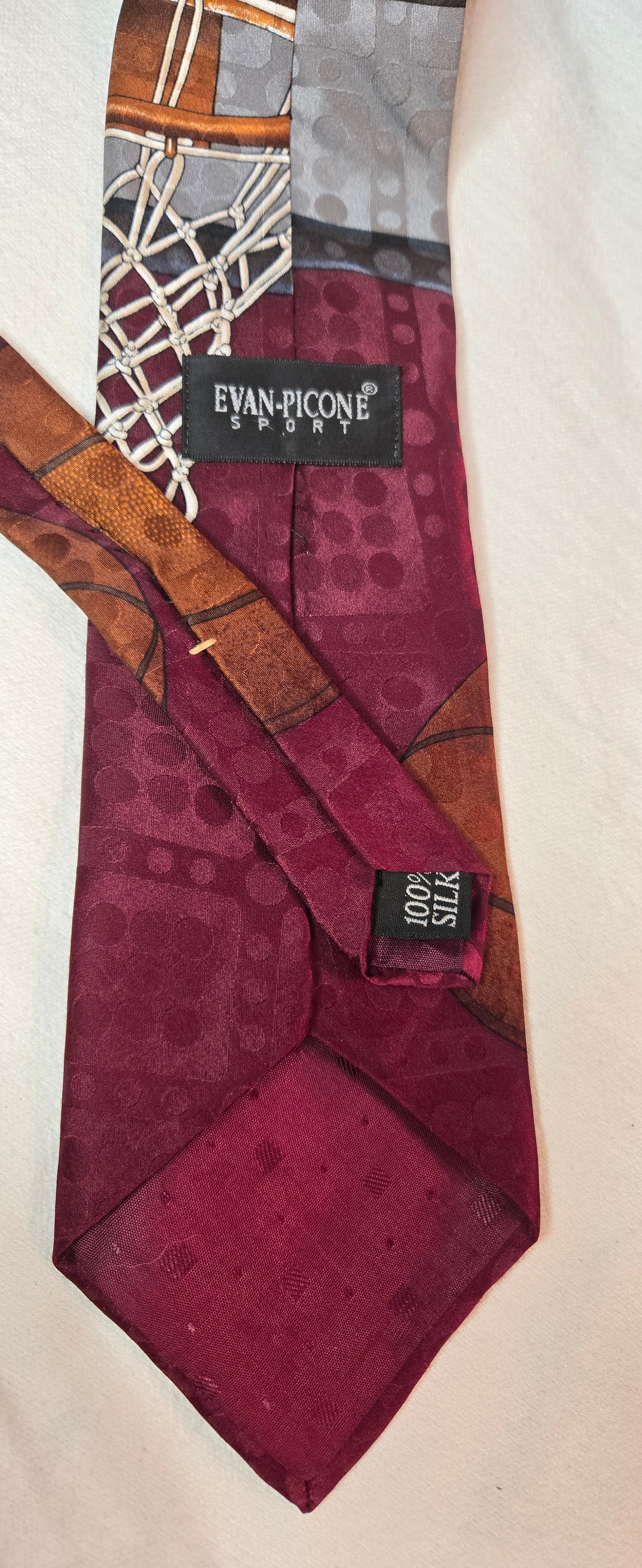 Vintage Evan Picone Sport Basketball Tie 100% Silk Burgundy Novelty 90s