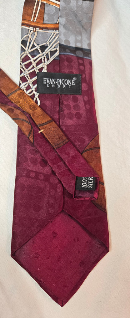 Vintage Evan Picone Sport Basketball Tie 100% Silk Burgundy Novelty 90s