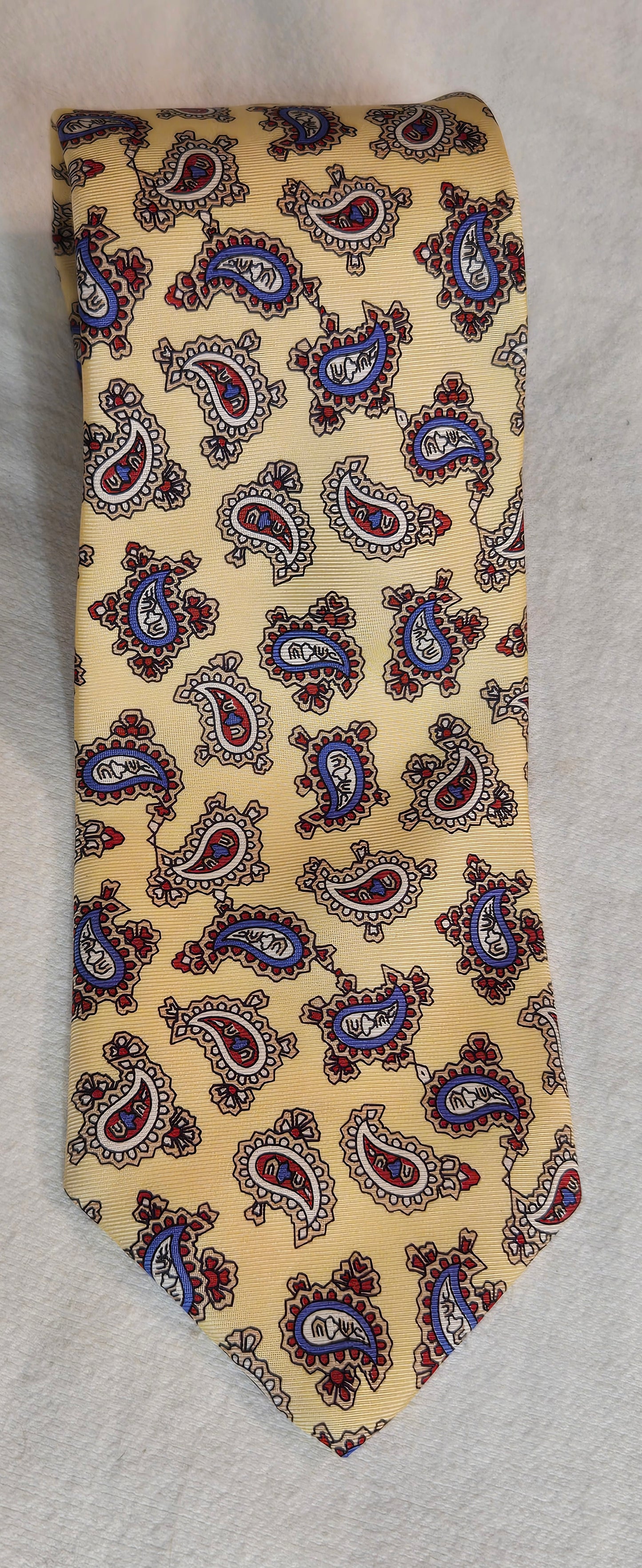 Vintage Briar Paisley Silk Tie - Hand-Fashioned USA, ITALIAN Woven Silk, Yellow Gold with Red & Blue Paisleys