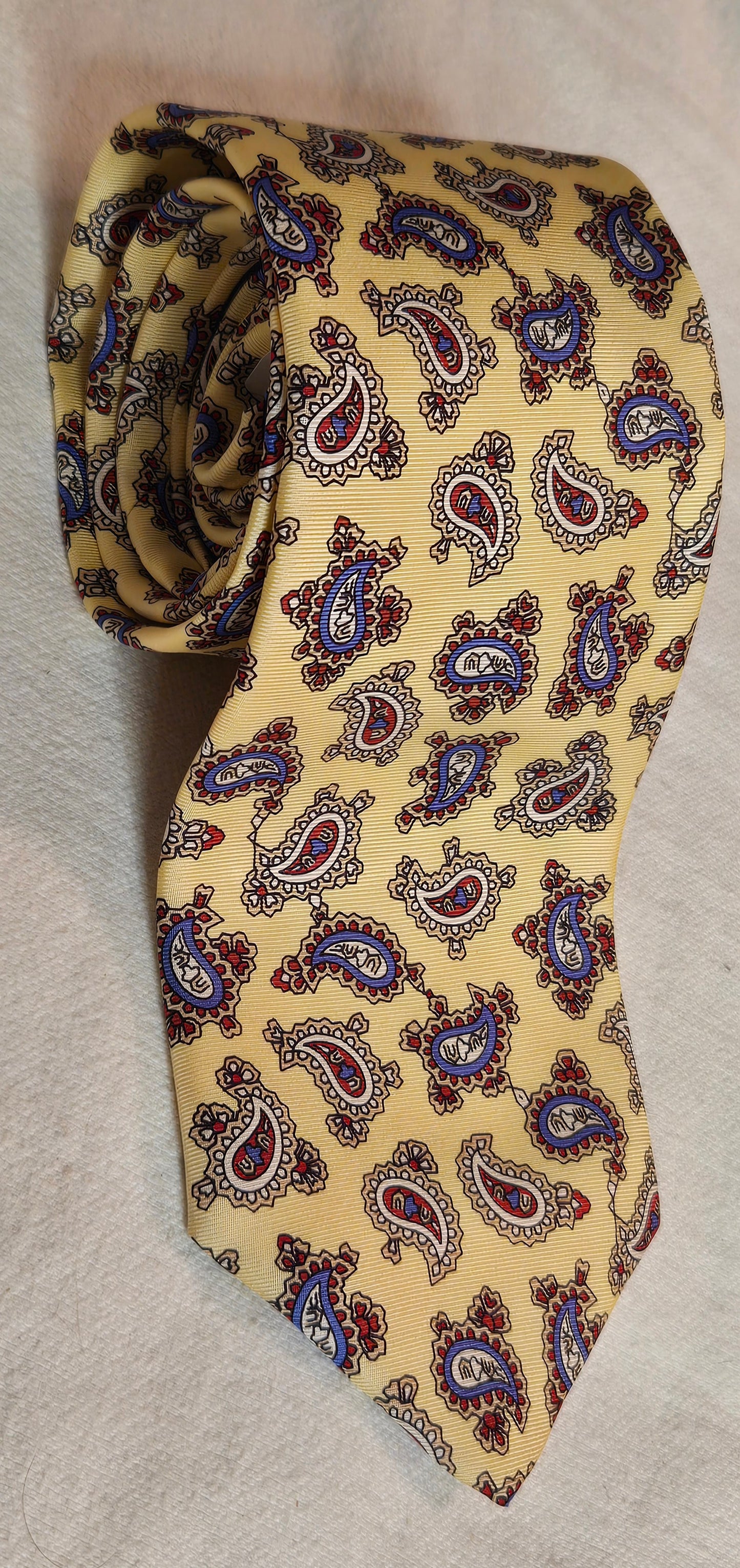 Vintage Briar Paisley Silk Tie - Hand-Fashioned USA, ITALIAN Woven Silk, Yellow Gold with Red & Blue Paisleys