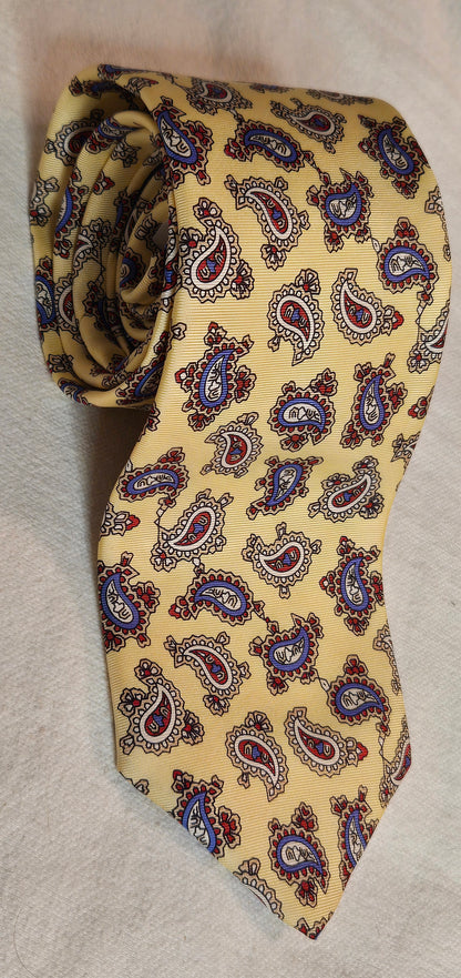 Vintage Briar Paisley Silk Tie - Hand-Fashioned USA, ITALIAN Woven Silk, Yellow Gold with Red & Blue Paisleys