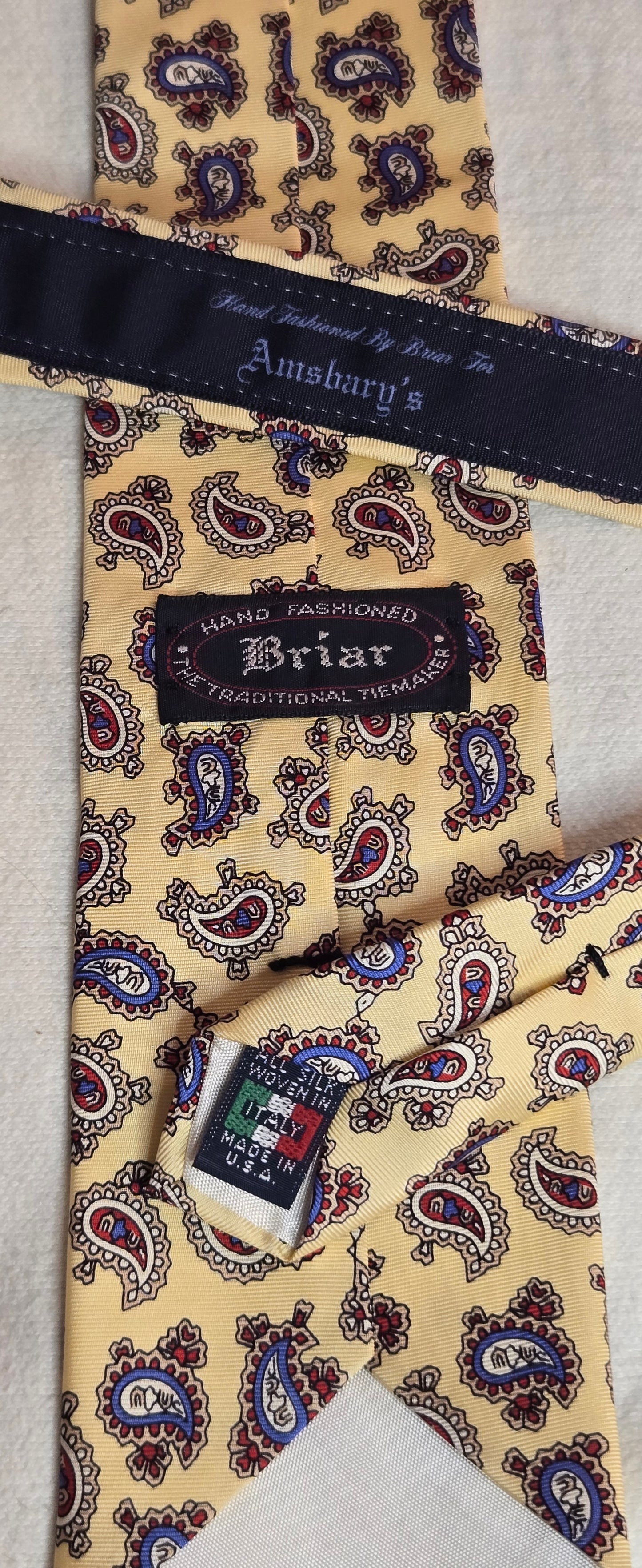 Vintage Briar Paisley Silk Tie - Hand-Fashioned USA, ITALIAN Woven Silk, Yellow Gold with Red & Blue Paisleys