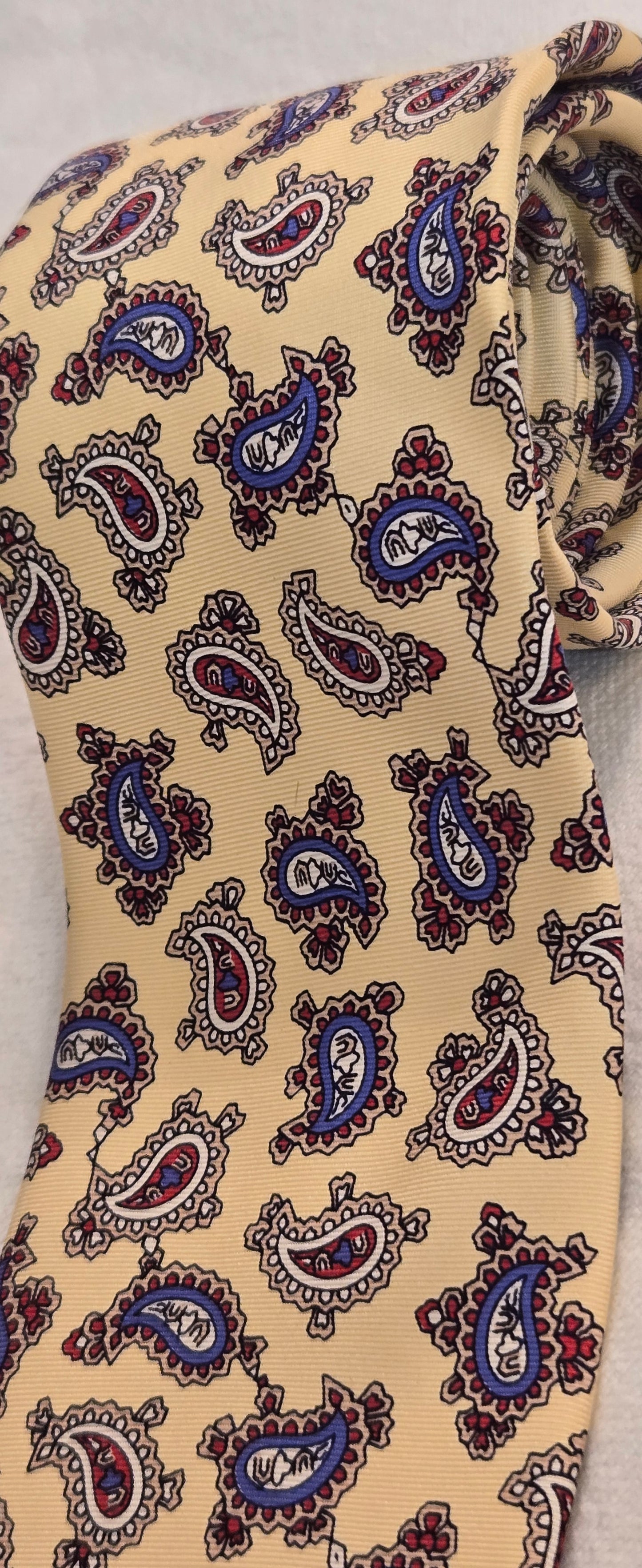 Vintage Briar Paisley Silk Tie - Hand-Fashioned USA, ITALIAN Woven Silk, Yellow Gold with Red & Blue Paisleys