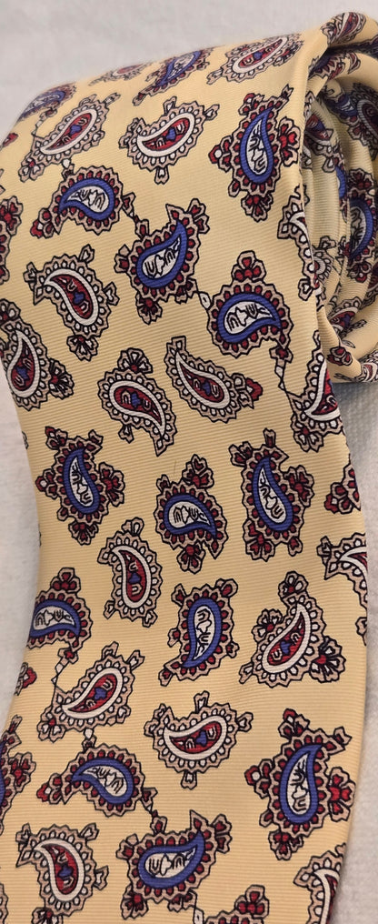 Vintage Briar Paisley Silk Tie - Hand-Fashioned USA, ITALIAN Woven Silk, Yellow Gold with Red & Blue Paisleys