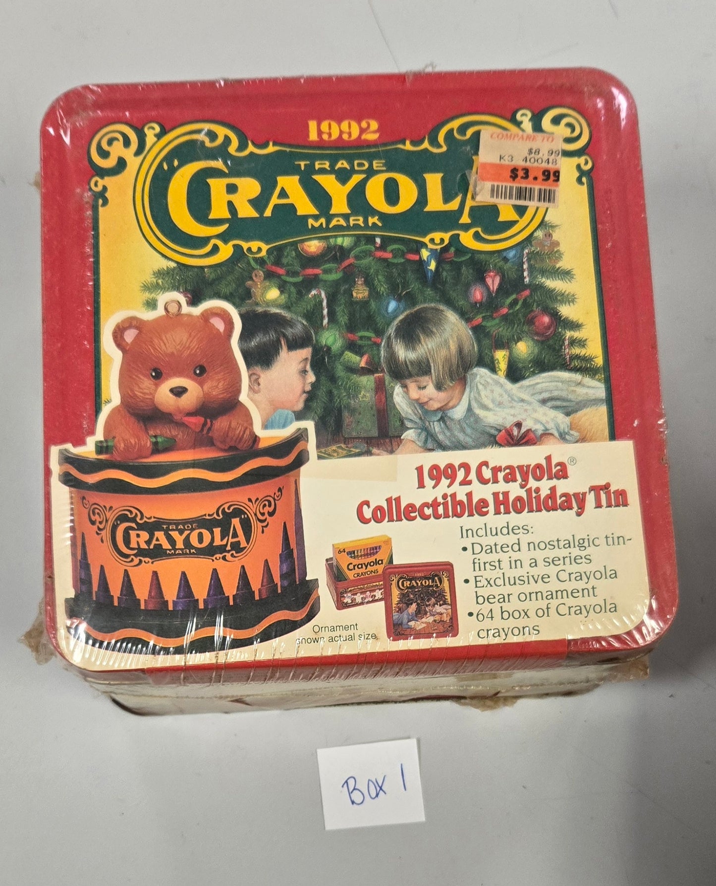 VINTAGE Sealed 1992 Crayola Collectible Holiday Tin, Bear Ornament, and 64 box of Crayons