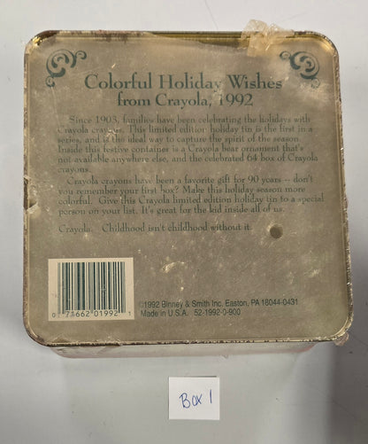 VINTAGE Sealed 1992 Crayola Collectible Holiday Tin, Bear Ornament, and 64 box of Crayons