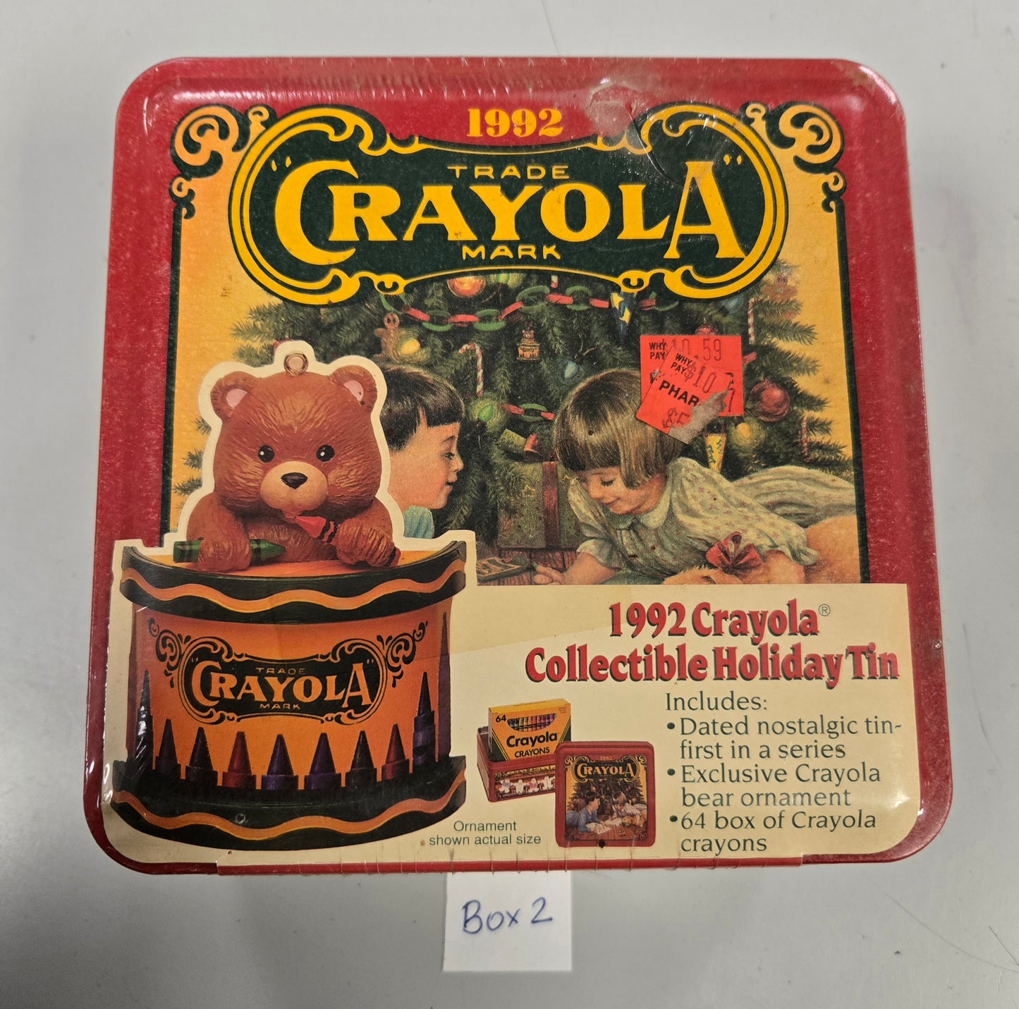 VINTAGE Sealed 1992 Crayola Collectible Holiday Tin, Bear Ornament, and 64 box of Crayons