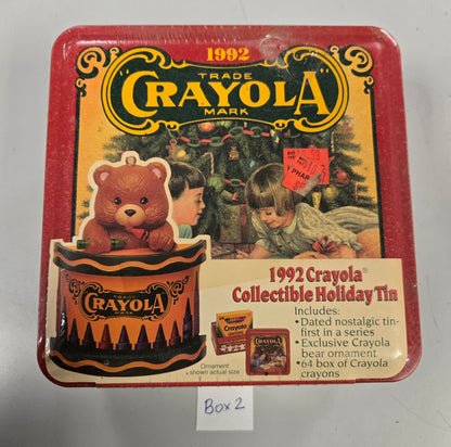 VINTAGE Sealed 1992 Crayola Collectible Holiday Tin, Bear Ornament, and 64 box of Crayons