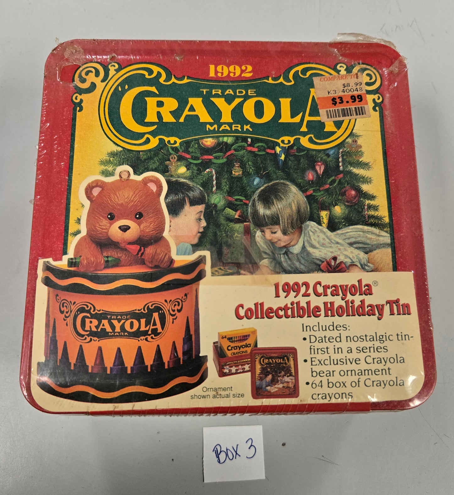 VINTAGE Sealed 1992 Crayola Collectible Holiday Tin, Bear Ornament, and 64 box of Crayons