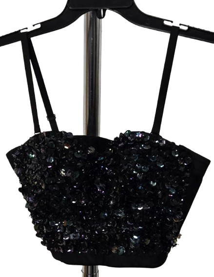 Black Sequin Bustier Crop Top Spaghetti Straps Party Clubwear Sparkly Top