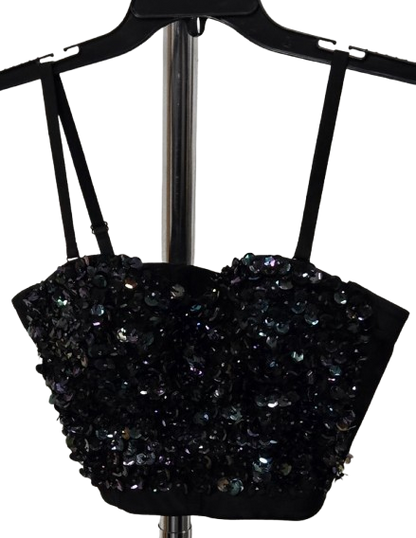 Black Sequin Bustier Crop Top Spaghetti Straps Party Clubwear Sparkly Top