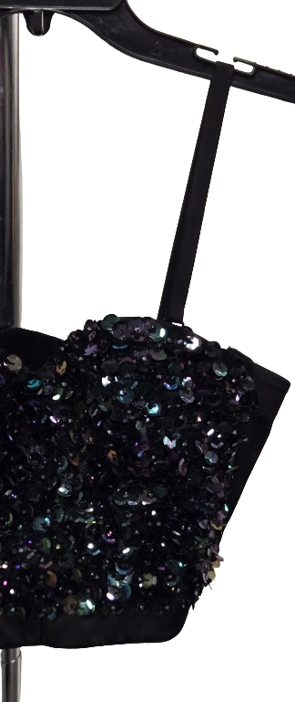 Black Sequin Bustier Crop Top Spaghetti Straps Party Clubwear Sparkly Top
