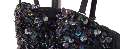 Black Sequin Bustier Crop Top Spaghetti Straps Party Clubwear Sparkly Top