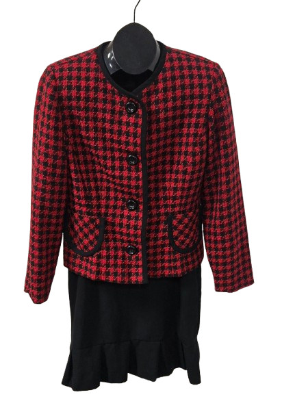 Dressbarn 2 Pc Outfit Red Black Houndstooth Jacket & Black Skirt Set