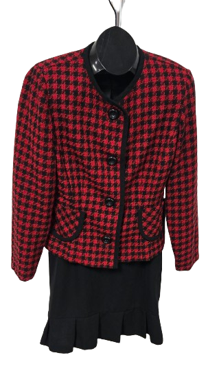 Dressbarn 2 Pc Outfit Red Black Houndstooth Jacket & Black Skirt Set