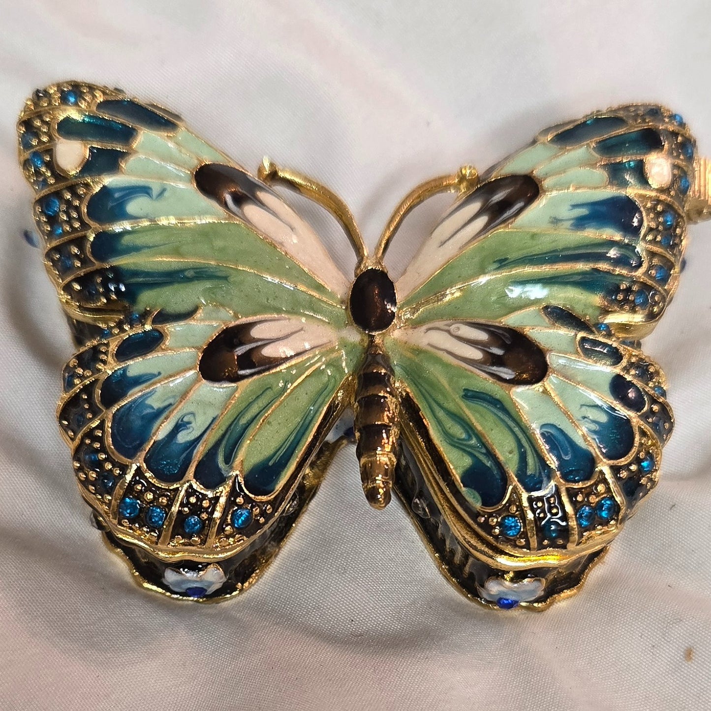 Enamel Butterfly Trinket Box – Blue & Green Jeweled Hinged Keepsake
