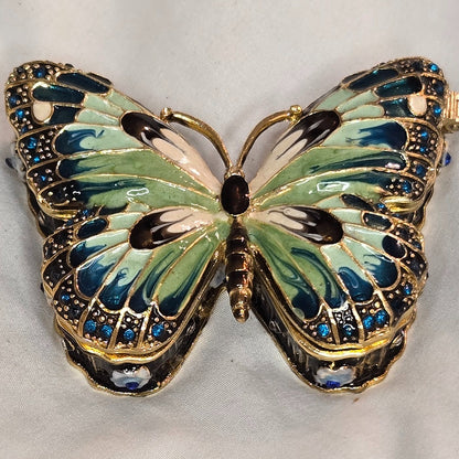 Enamel Butterfly Trinket Box – Blue & Green Jeweled Hinged Keepsake